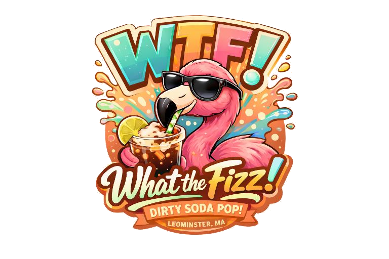 WTF! What the Fizz! logo — flamingo sipping a dirty soda